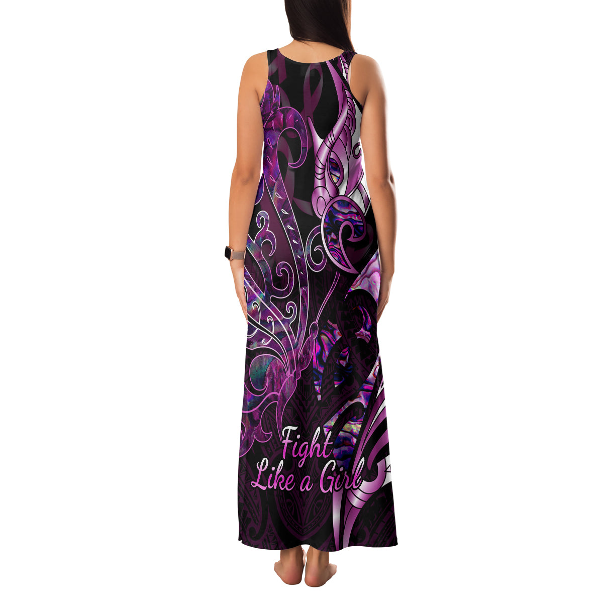 Personalised New Zealand Breast Cancer Family Matching Tank Maxi Dress and Hawaiian Shirt Fight Like A Girl Pink Manaia Fern With Paua Shell LT14 - Polynesian Pride