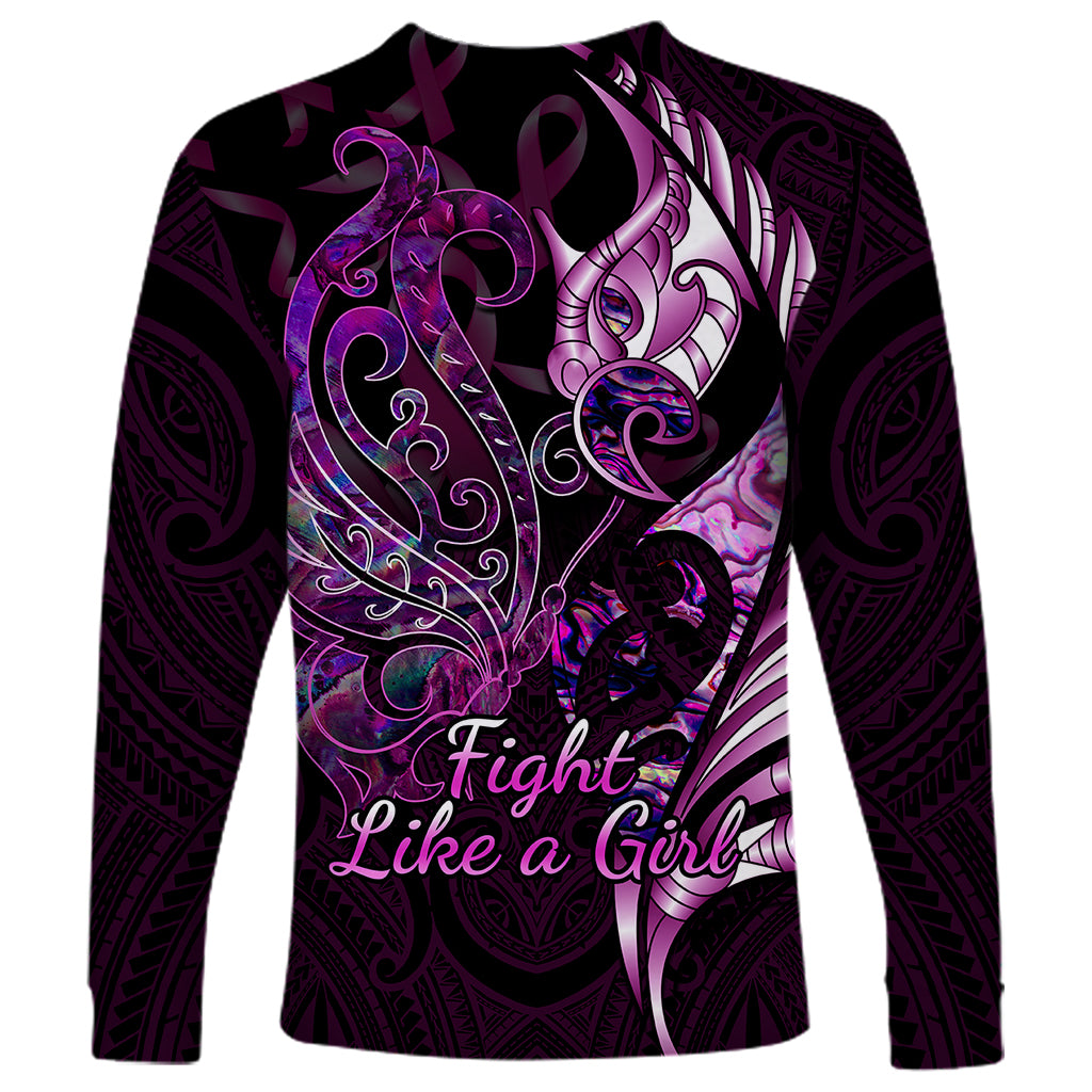 Personalised New Zealand Breast Cancer Long Sleeve Shirt Fight Like A Girl Pink Manaia Fern With Paua Shell LT14 - Polynesian Pride