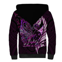 Personalised New Zealand Breast Cancer Sherpa Hoodie Fight Like A Girl Pink Manaia Fern With Paua Shell LT14 - Polynesian Pride