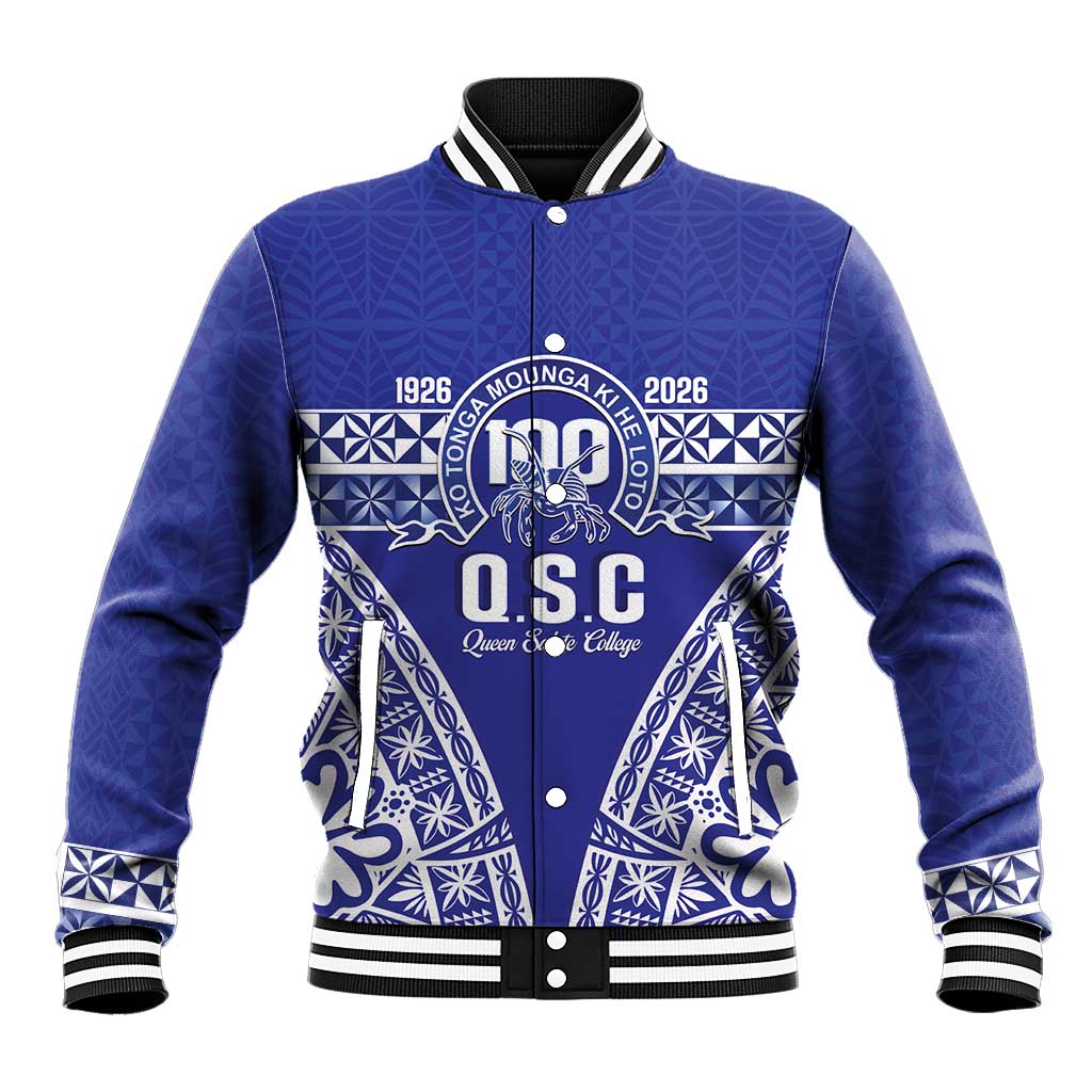 Personalised Queen Salote College Baseball Jacket Kolisi Fefine 100th Anniversary Kupesi Blue - Polynesian Pride