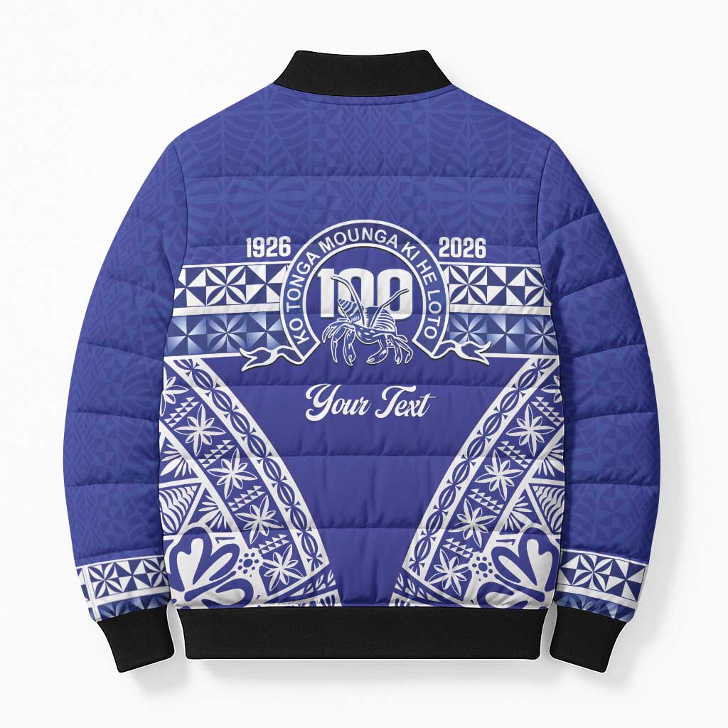 Personalised Queen Salote College Bomber Puffer Jacket Kolisi Fefine 100th Anniversary Kupesi Blue - Polynesian Pride