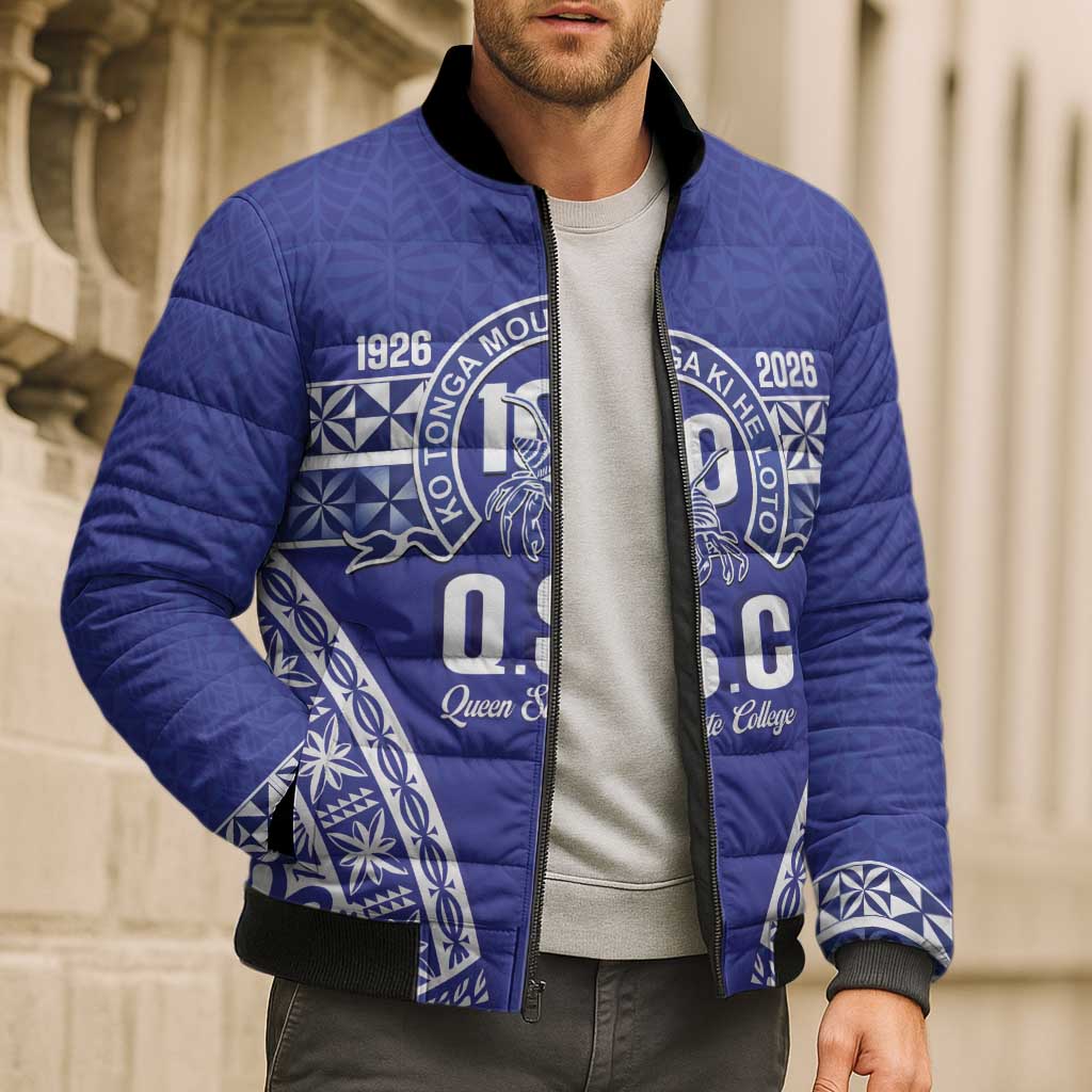 Personalised Queen Salote College Bomber Puffer Jacket Kolisi Fefine 100th Anniversary Kupesi Blue - Polynesian Pride