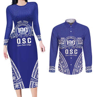 Personalised Queen Salote College Couples Matching Long Sleeve Bodycon Dress and Long Sleeve Button Shirt Kolisi Fefine 100th Anniversary Kupesi Blue - Polynesian Pride