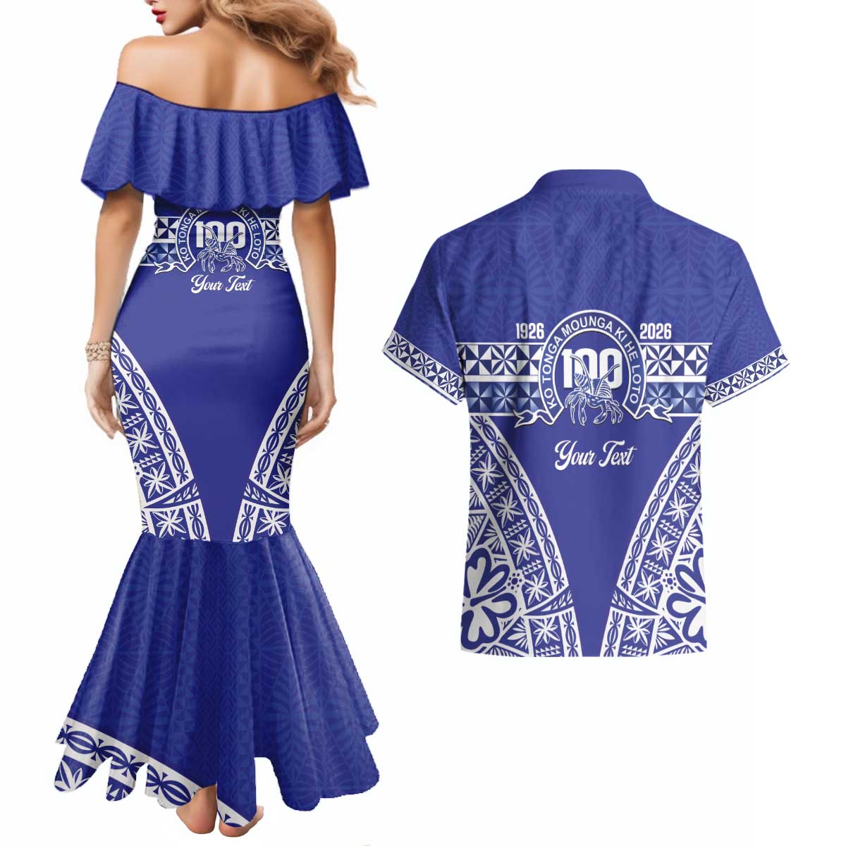 Personalised Queen Salote College Couples Matching Mermaid Dress and Hawaiian Shirt Kolisi Fefine 100th Anniversary Kupesi Blue - Polynesian Pride
