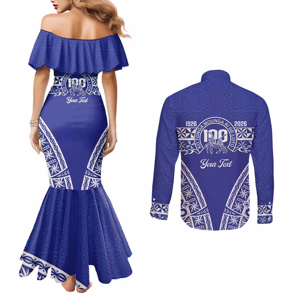 Personalised Queen Salote College Couples Matching Mermaid Dress and Long Sleeve Button Shirt Kolisi Fefine 100th Anniversary Kupesi Blue - Polynesian Pride