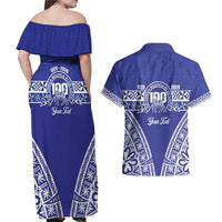 Personalised Queen Salote College Couples Matching Off Shoulder Maxi Dress and Hawaiian Shirt Kolisi Fefine 100th Anniversary Kupesi Blue - Polynesian Pride