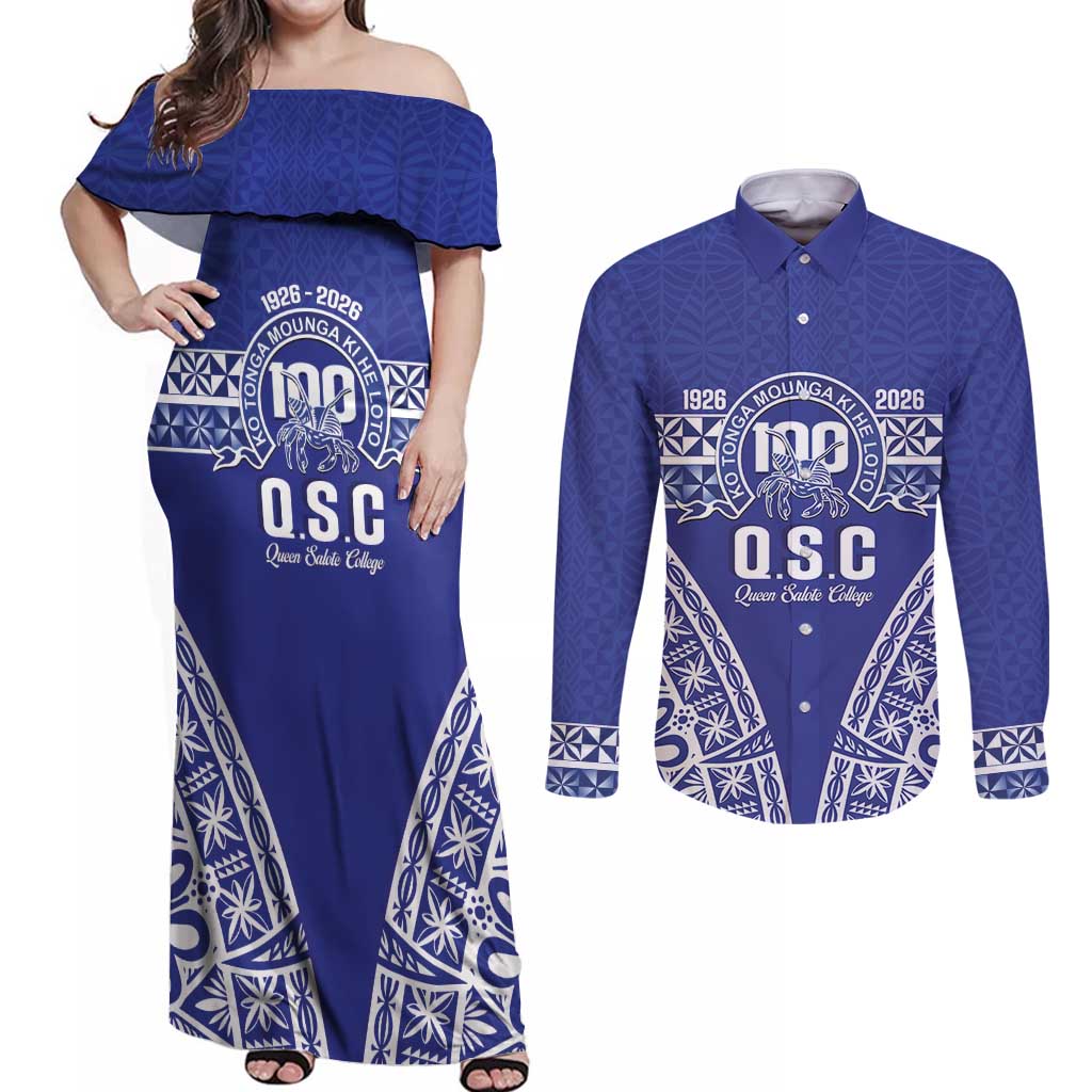 Personalised Queen Salote College Couples Matching Off Shoulder Maxi Dress and Long Sleeve Button Shirt Kolisi Fefine 100th Anniversary Kupesi Blue - Polynesian Pride