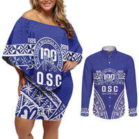 Personalised Queen Salote College Couples Matching Off Shoulder Short Dress and Long Sleeve Button Shirt Kolisi Fefine 100th Anniversary Kupesi Blue - Polynesian Pride