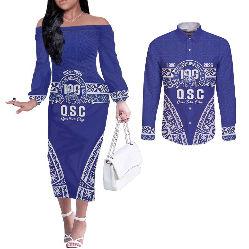 Personalised Queen Salote College Couples Matching Off The Shoulder Long Sleeve Dress and Long Sleeve Button Shirt Kolisi Fefine 100th Anniversary Kupesi Blue - Polynesian Pride