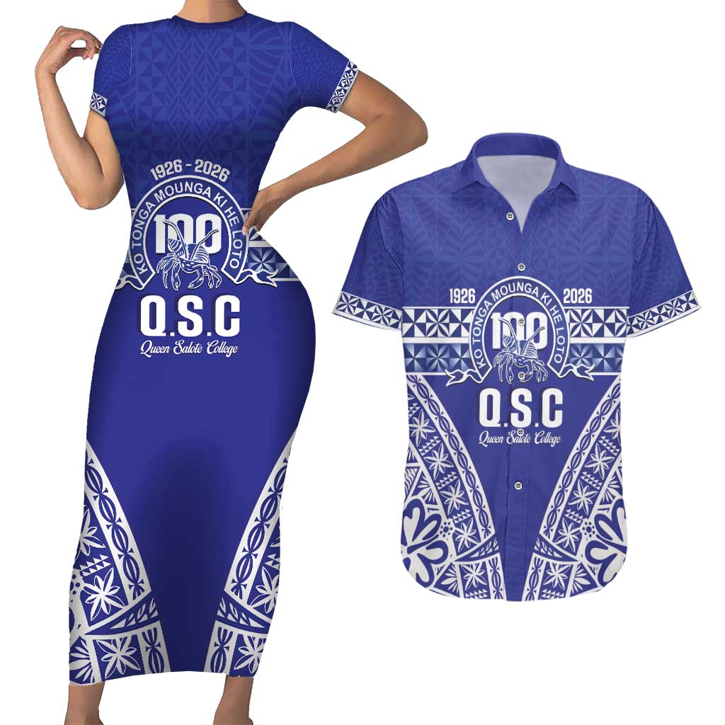 Personalised Queen Salote College Couples Matching Short Sleeve Bodycon Dress and Hawaiian Shirt Kolisi Fefine 100th Anniversary Kupesi Blue - Polynesian Pride