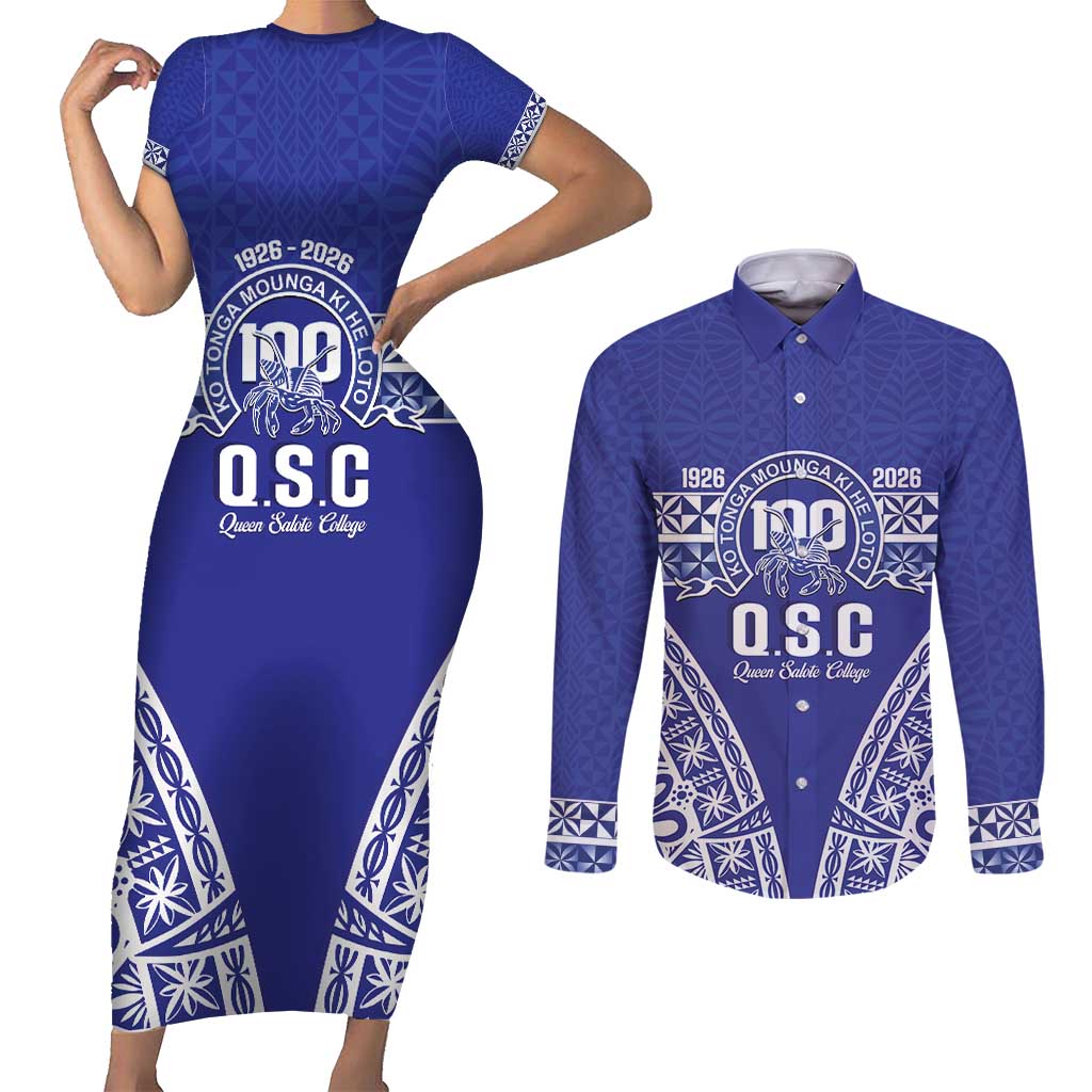 Personalised Queen Salote College Couples Matching Short Sleeve Bodycon Dress and Long Sleeve Button Shirt Kolisi Fefine 100th Anniversary Kupesi Blue - Polynesian Pride