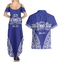 Personalised Queen Salote College Couples Matching Summer Maxi Dress and Hawaiian Shirt Kolisi Fefine 100th Anniversary Kupesi Blue - Polynesian Pride