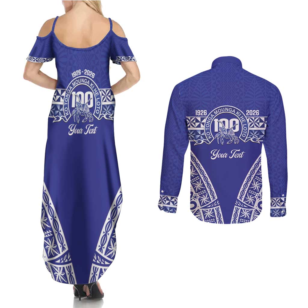 Personalised Queen Salote College Couples Matching Summer Maxi Dress and Long Sleeve Button Shirt Kolisi Fefine 100th Anniversary Kupesi Blue - Polynesian Pride