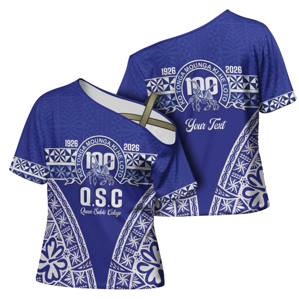Personalised Queen Salote College Cross Shoulder Shirt Kolisi Fefine 100th Anniversary Kupesi Blue - Polynesian Pride