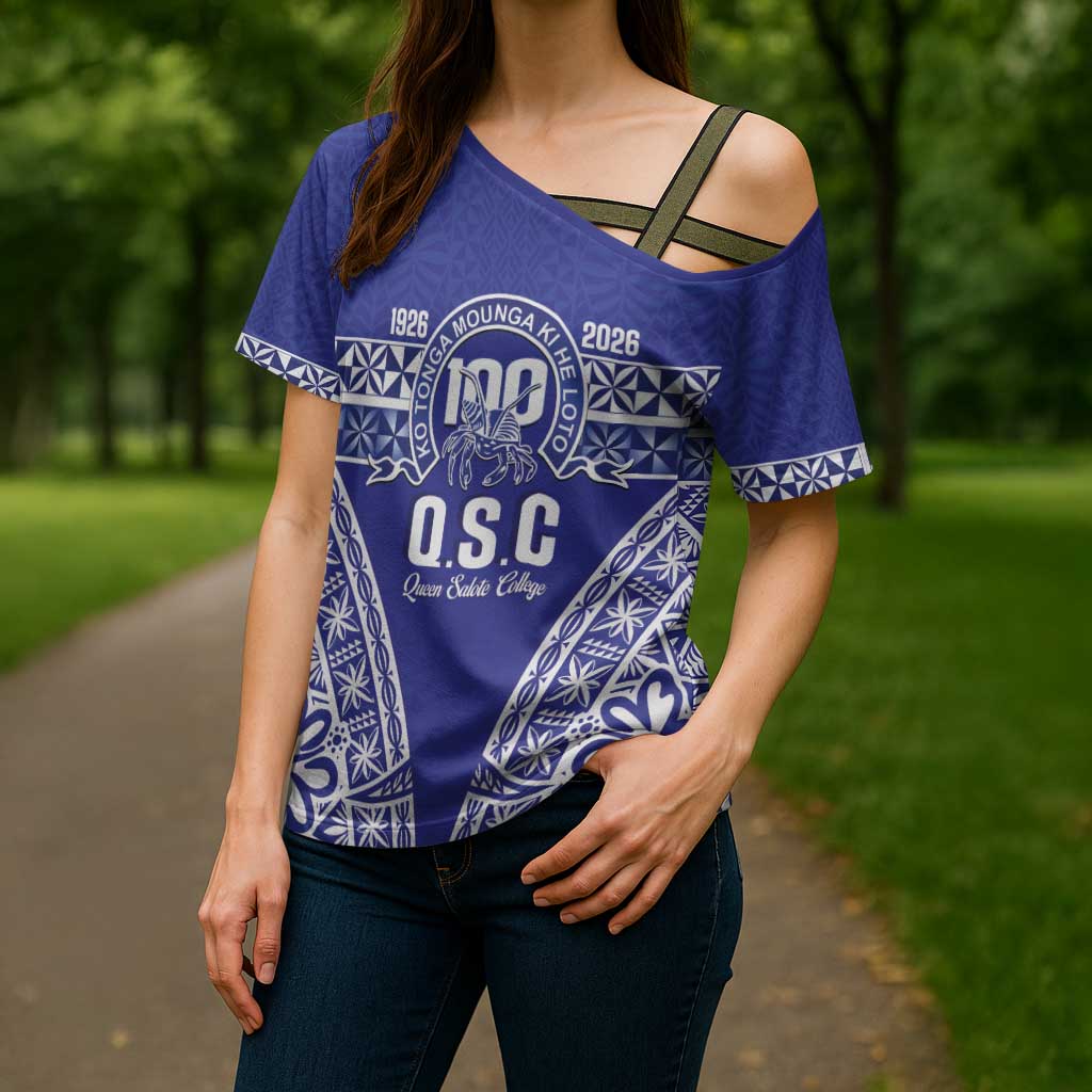 Personalised Queen Salote College Cross Shoulder Shirt Kolisi Fefine 100th Anniversary Kupesi Blue - Polynesian Pride