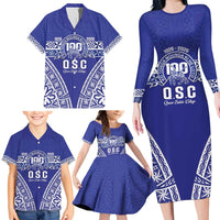 Personalised Queen Salote College Family Matching Long Sleeve Bodycon Dress and Hawaiian Shirt Kolisi Fefine 100th Anniversary Kupesi Blue - Polynesian Pride