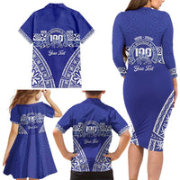 Personalised Queen Salote College Family Matching Long Sleeve Bodycon Dress and Hawaiian Shirt Kolisi Fefine 100th Anniversary Kupesi Blue - Polynesian Pride