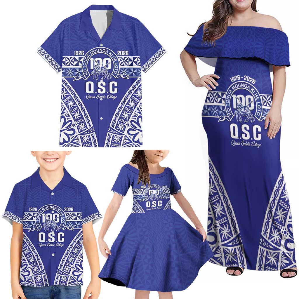 Personalised Queen Salote College Family Matching Off Shoulder Maxi Dress and Hawaiian Shirt Kolisi Fefine 100th Anniversary Kupesi Blue - Polynesian Pride
