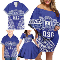 Personalised Queen Salote College Family Matching Off Shoulder Short Dress and Hawaiian Shirt Kolisi Fefine 100th Anniversary Kupesi Blue - Polynesian Pride