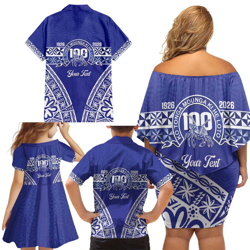 Personalised Queen Salote College Family Matching Off Shoulder Short Dress and Hawaiian Shirt Kolisi Fefine 100th Anniversary Kupesi Blue - Polynesian Pride