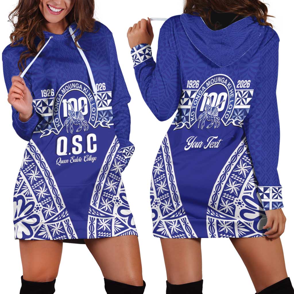 Personalised Queen Salote College Hoodie Dress Kolisi Fefine 100th Anniversary Kupesi Blue - Polynesian Pride