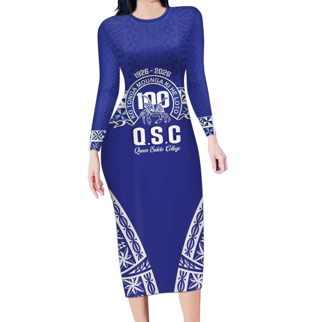 Personalised Queen Salote College Long Sleeve Bodycon Dress Kolisi Fefine 100th Anniversary Kupesi Blue - Polynesian Pride