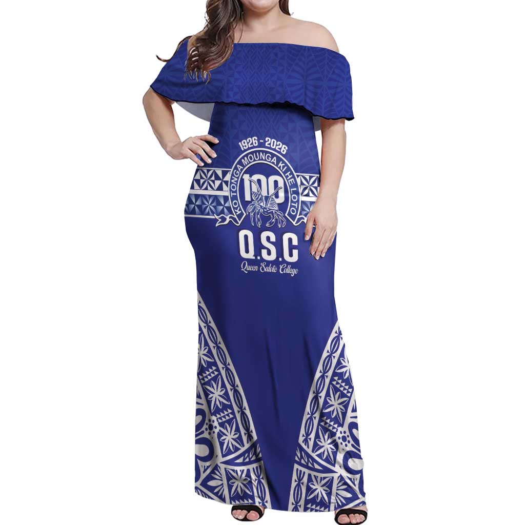 Personalised Queen Salote College Off Shoulder Maxi Dress Kolisi Fefine 100th Anniversary Kupesi Blue - Polynesian Pride