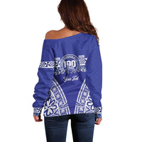 Personalised Queen Salote College Off Shoulder Sweater Kolisi Fefine 100th Anniversary Kupesi Blue - Polynesian Pride