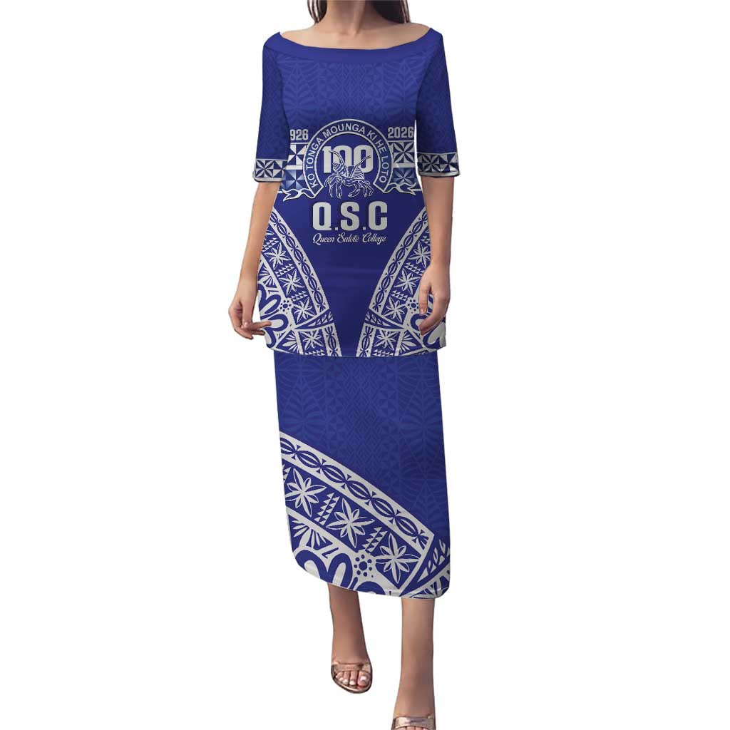 Personalised Queen Salote College Puletasi Kolisi Fefine 100th Anniversary Kupesi Blue - Polynesian Pride