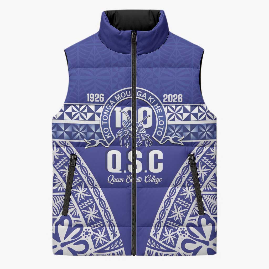 Personalised Queen Salote College Sleeveless Puffer Jacket Kolisi Fefine 100th Anniversary Kupesi Blue - Polynesian Pride