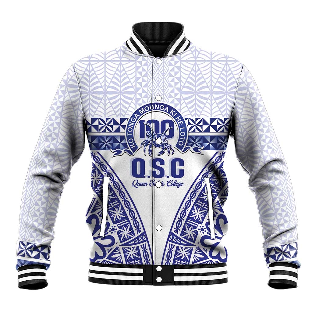 Personalised Queen Salote College Baseball Jacket Kolisi Fefine 100th Anniversary Kupesi White - Polynesian Pride