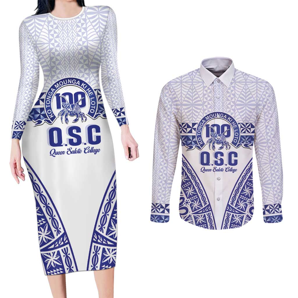 Personalised Queen Salote College Couples Matching Long Sleeve Bodycon Dress and Long Sleeve Button Shirt Kolisi Fefine 100th Anniversary Kupesi White - Polynesian Pride