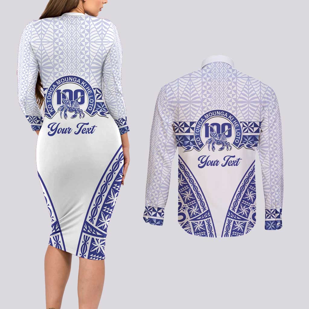 Personalised Queen Salote College Couples Matching Long Sleeve Bodycon Dress and Long Sleeve Button Shirt Kolisi Fefine 100th Anniversary Kupesi White - Polynesian Pride