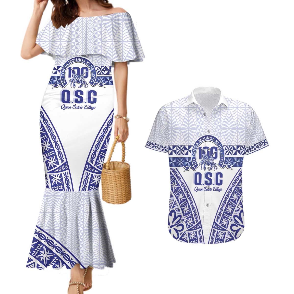 Personalised Queen Salote College Couples Matching Mermaid Dress and Hawaiian Shirt Kolisi Fefine 100th Anniversary Kupesi White - Polynesian Pride