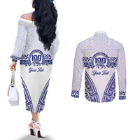 Personalised Queen Salote College Couples Matching Off The Shoulder Long Sleeve Dress and Long Sleeve Button Shirt Kolisi Fefine 100th Anniversary Kupesi White - Polynesian Pride