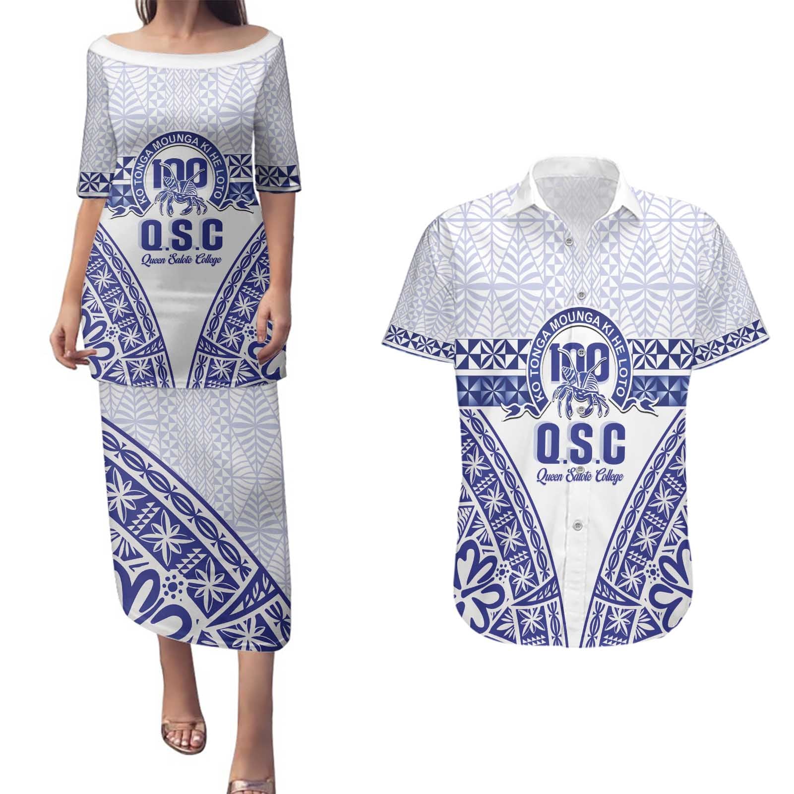 Personalised Queen Salote College Couples Matching Puletasi and Hawaiian Shirt Kolisi Fefine 100th Anniversary Kupesi White - Polynesian Pride