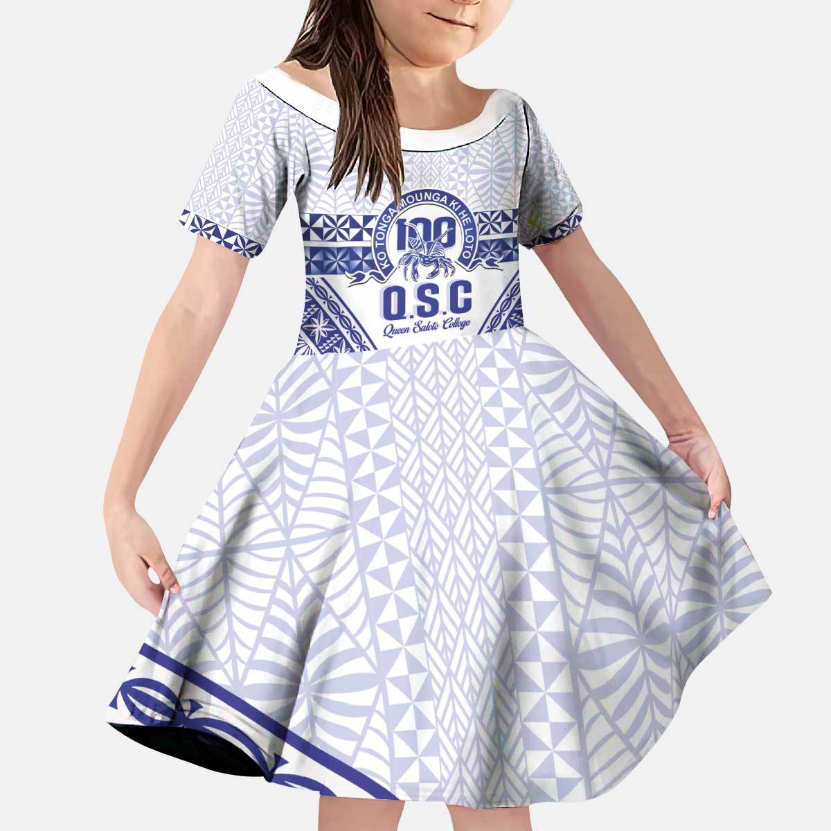 Personalised Queen Salote College Kid Short Sleeve Dress Kolisi Fefine 100th Anniversary Kupesi White - Polynesian Pride