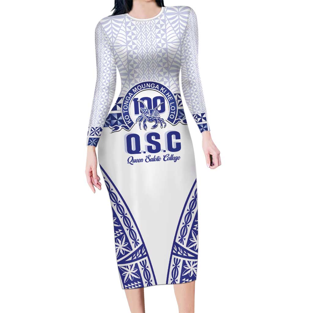 Personalised Queen Salote College Long Sleeve Bodycon Dress Kolisi Fefine 100th Anniversary Kupesi White - Polynesian Pride