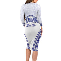 Personalised Queen Salote College Long Sleeve Bodycon Dress Kolisi Fefine 100th Anniversary Kupesi White - Polynesian Pride