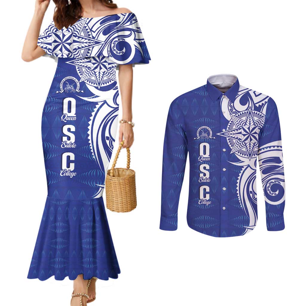 Personalised Queen Salote College Couples Matching Mermaid Dress and Long Sleeve Button Shirt QSC Est 1926 Ngatu Pattern - Polynesian Pride