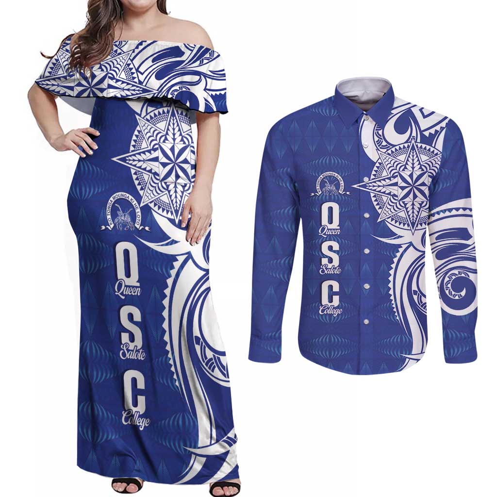 Personalised Queen Salote College Couples Matching Off Shoulder Maxi Dress and Long Sleeve Button Shirt QSC Est 1926 Ngatu Pattern - Polynesian Pride