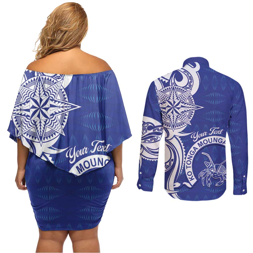 Personalised Queen Salote College Couples Matching Off Shoulder Short Dress and Long Sleeve Button Shirt QSC Est 1926 Ngatu Pattern - Polynesian Pride