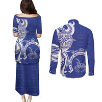 Personalised Queen Salote College Couples Matching Puletasi and Long Sleeve Button Shirt QSC Est 1926 Ngatu Pattern - Polynesian Pride
