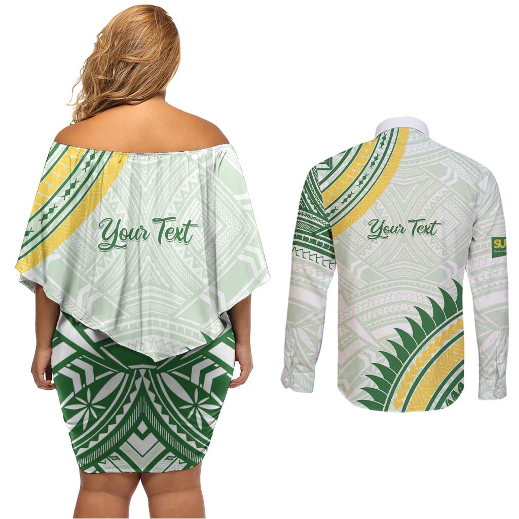 Personalised Samoa Ua Potopoto Couples Matching Off Shoulder Short Dress and Long Sleeve Button Shirt SUP Est 2025 Samoan Pattern - Polynesian Pride