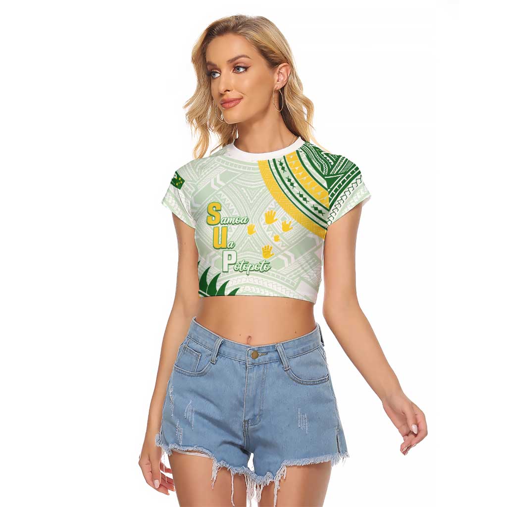Personalised Samoa Ua Potopoto Raglan Cropped T Shirt SUP Est 2025 Samoan Pattern LT14 Female White - Polynesian Pride