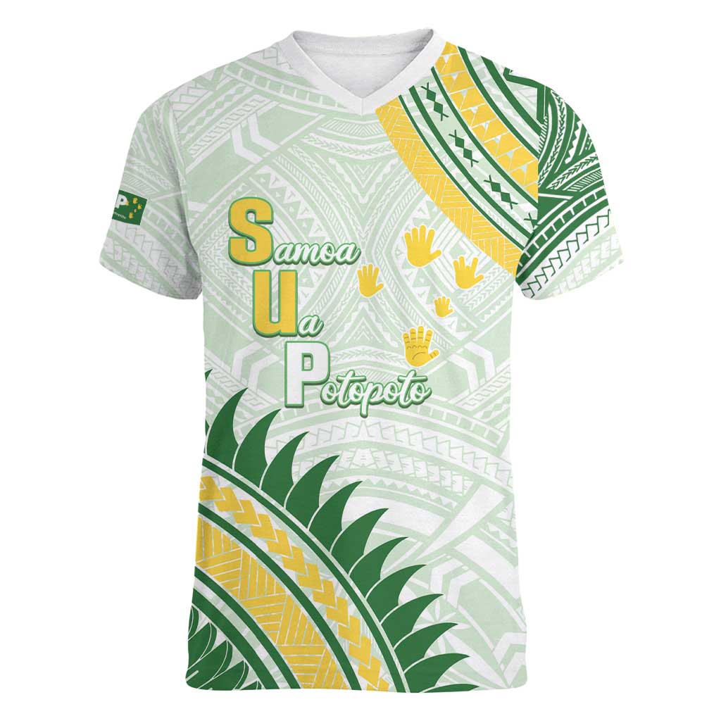 Personalised Samoa Ua Potopoto Women V-Neck T-Shirt SUP Est 2025 Samoan Pattern LT14 Female White - Polynesian Pride