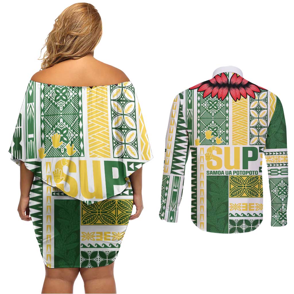 Samoa Uniting Party Couples Matching Off Shoulder Short Dress and Long Sleeve Button Shirt SUP Est 2025 Siapo Pattern - Polynesian Pride