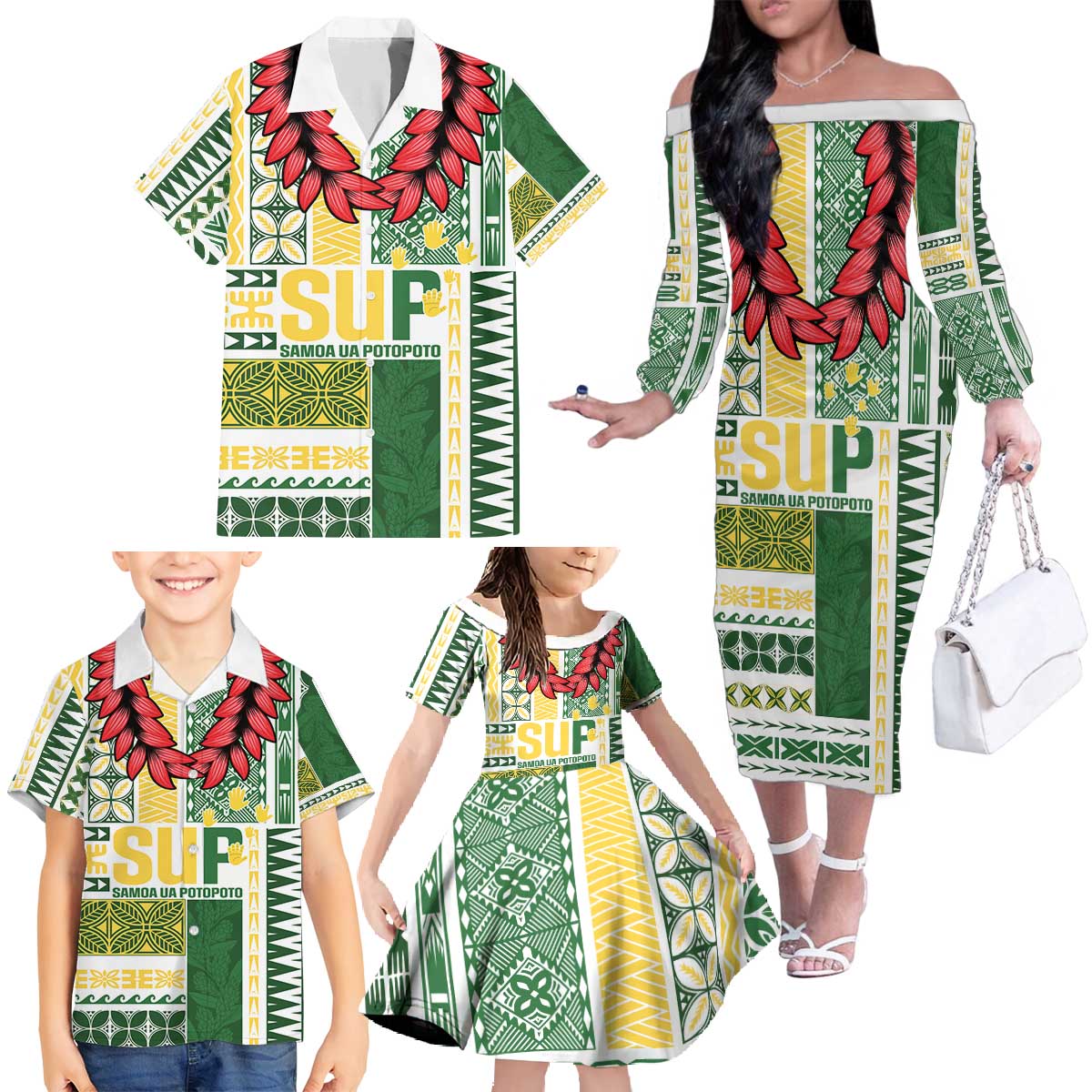 Samoa Uniting Party Family Matching Off The Shoulder Long Sleeve Dress and Hawaiian Shirt SUP Est 2025 Siapo Pattern - Polynesian Pride