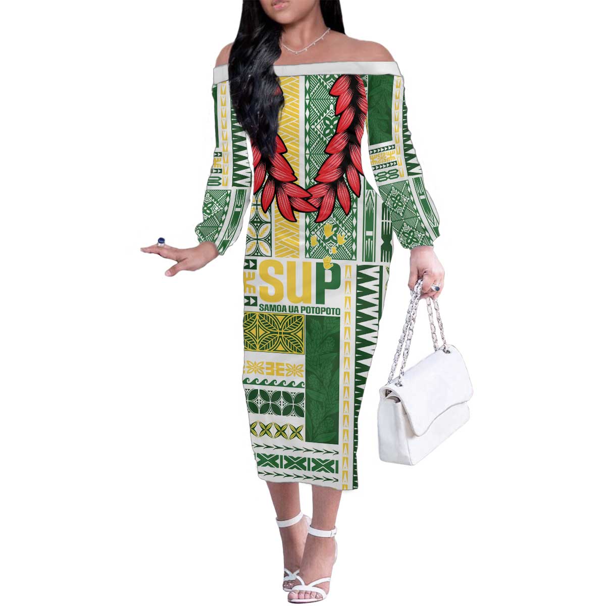 Samoa Uniting Party Family Matching Off The Shoulder Long Sleeve Dress and Hawaiian Shirt SUP Est 2025 Siapo Pattern - Polynesian Pride