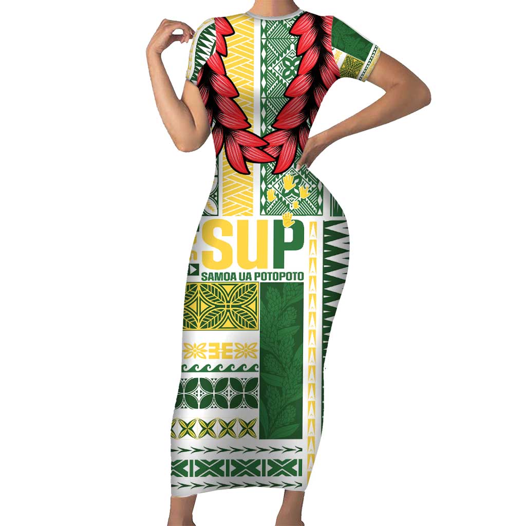 Samoa Uniting Party Short Sleeve Bodycon Dress SUP Est 2025 Siapo Pattern - Polynesian Pride